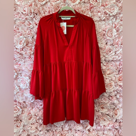 Amanda Uprichard red long sleeve V neck flowy dress! Size Small!